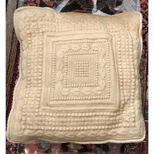 Vtg Hand Knit Crochet Pillow Corduroy Backed Cream Leaf Design 11 inches Granny